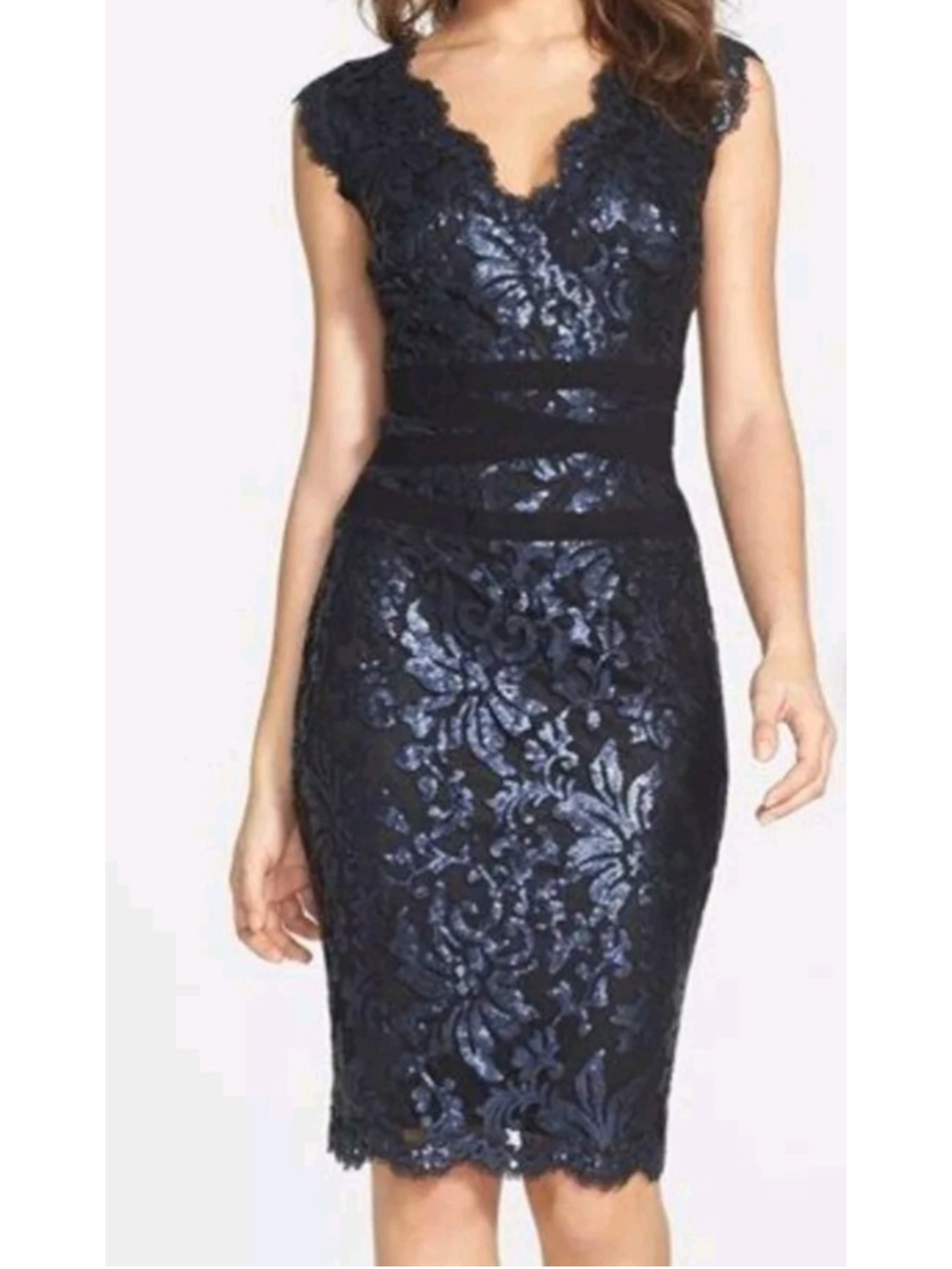 TADASHI SHOJI Sequins Lace Banded Waist Navy Black Sheath Cocktail Event Dress 4